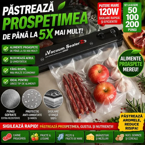 Aparat de Vidat și Sigilat Alimente 120 W, cu 10 Pungi Incluse