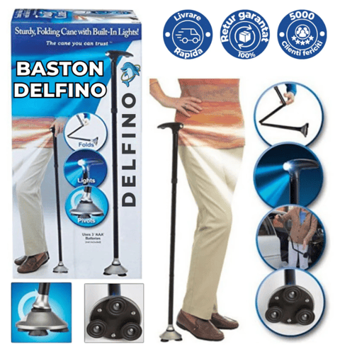 Baston Pliabil cu Lanternă LED, Sprijin Sigur la Mers