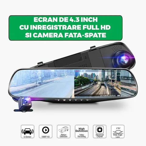 Oglindă Retrovizoare cu Cameră Auto DVR, Înregistrare Față și Spate