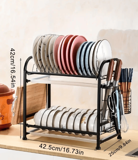 1+1 GRATIS: Raft de Bucătărie pentru Vase, Negru, cu Tavă de Scurgere