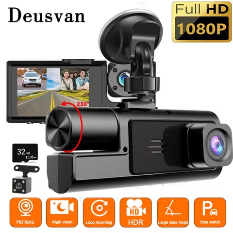 Cameră Auto DVR cu 3 Obiective și Ecran, Filmare Față, Interior și Spate